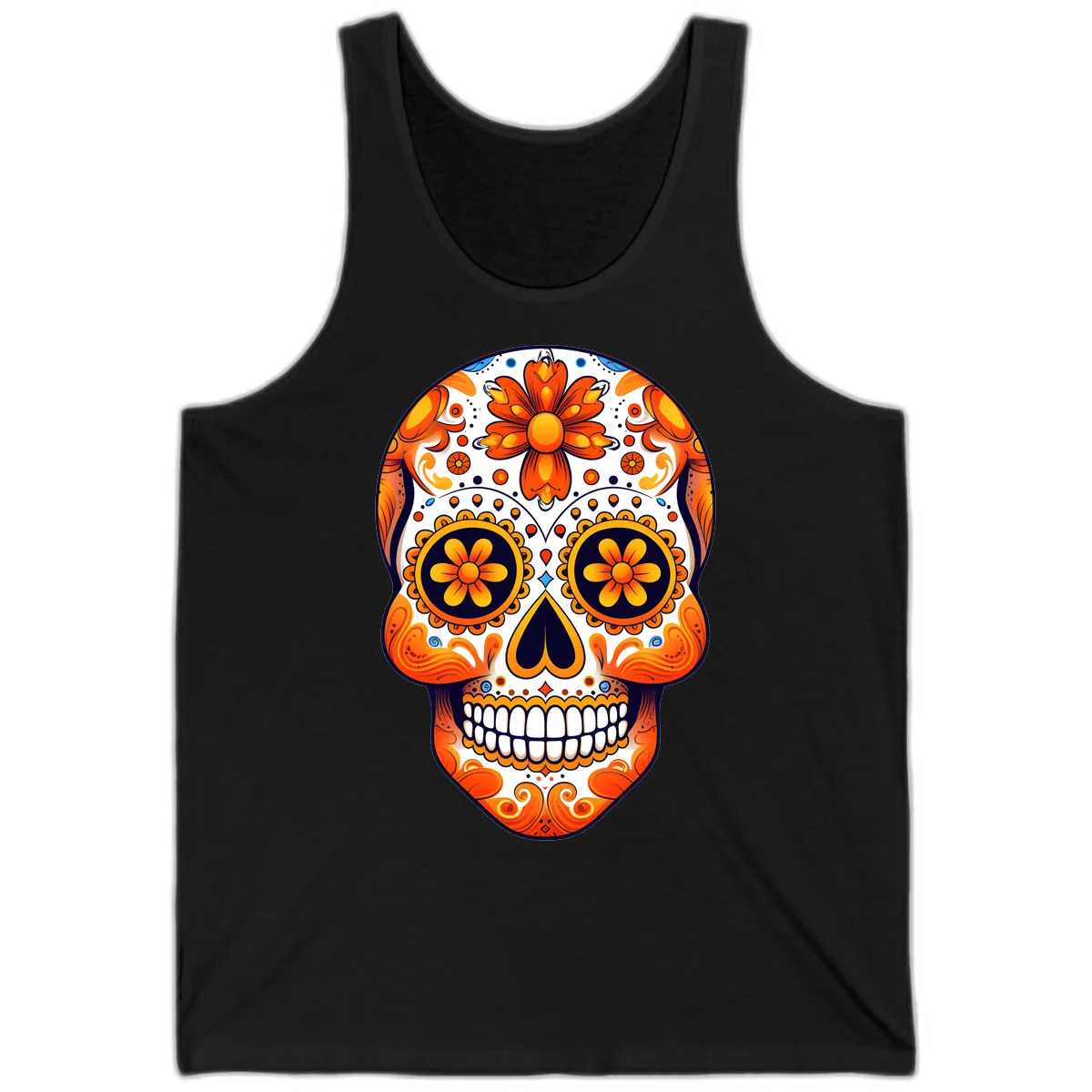 Vibrant Marigold Calavera Sugar Skull Tank in Black