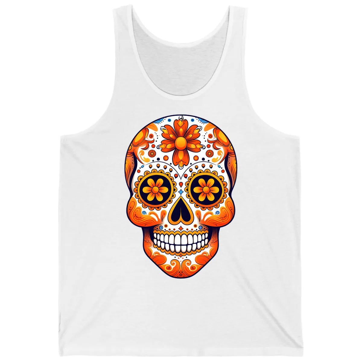 Vibrant Marigold Calavera Sugar Skull Tank in White