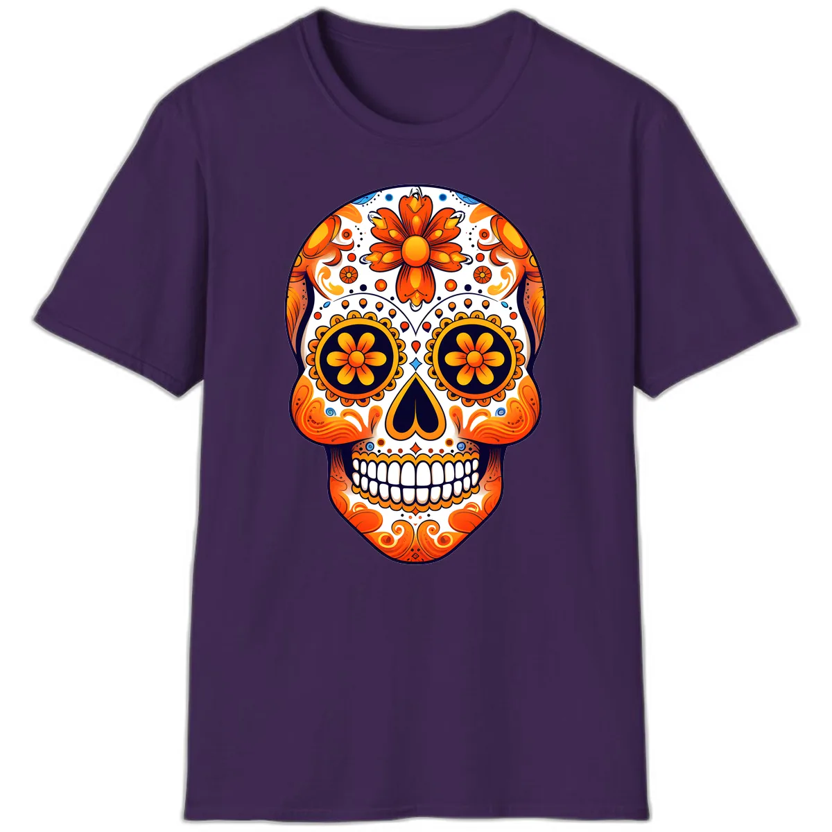 Vibrant Marigold Calavera Sugar Skull T-Shirt in Purple