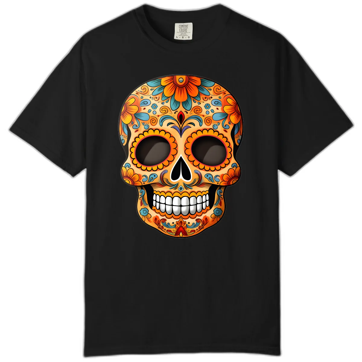 Vibrant Floral Calavera Sugar Skull Design Comfort Color in Black