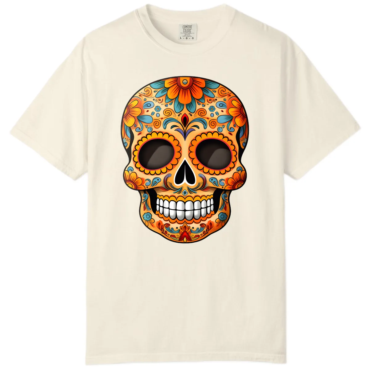 Vibrant Floral Calavera Sugar Skull Design Comfort Color in Ivory
