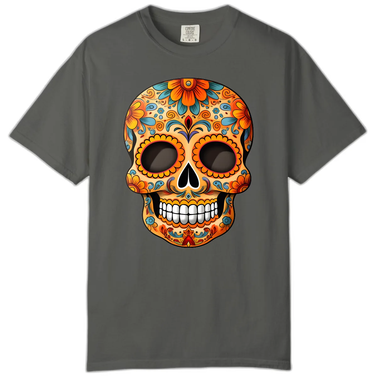Vibrant Floral Calavera Sugar Skull Design Comfort Color in Pepper