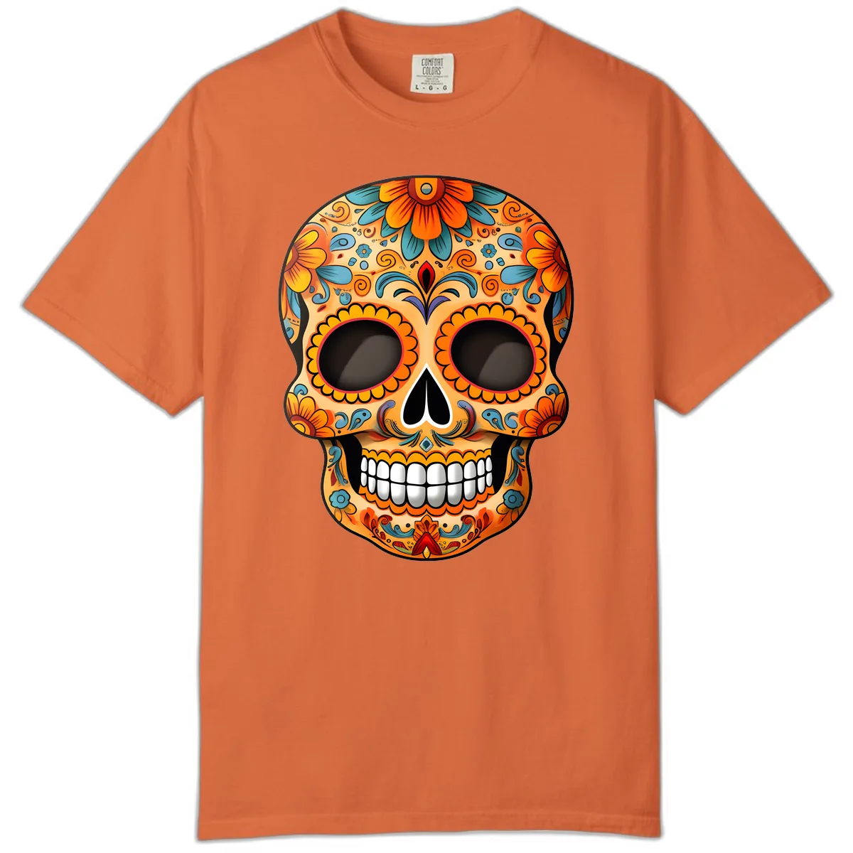 Vibrant Floral Calavera Sugar Skull Design Comfort Color in Burnt Orange