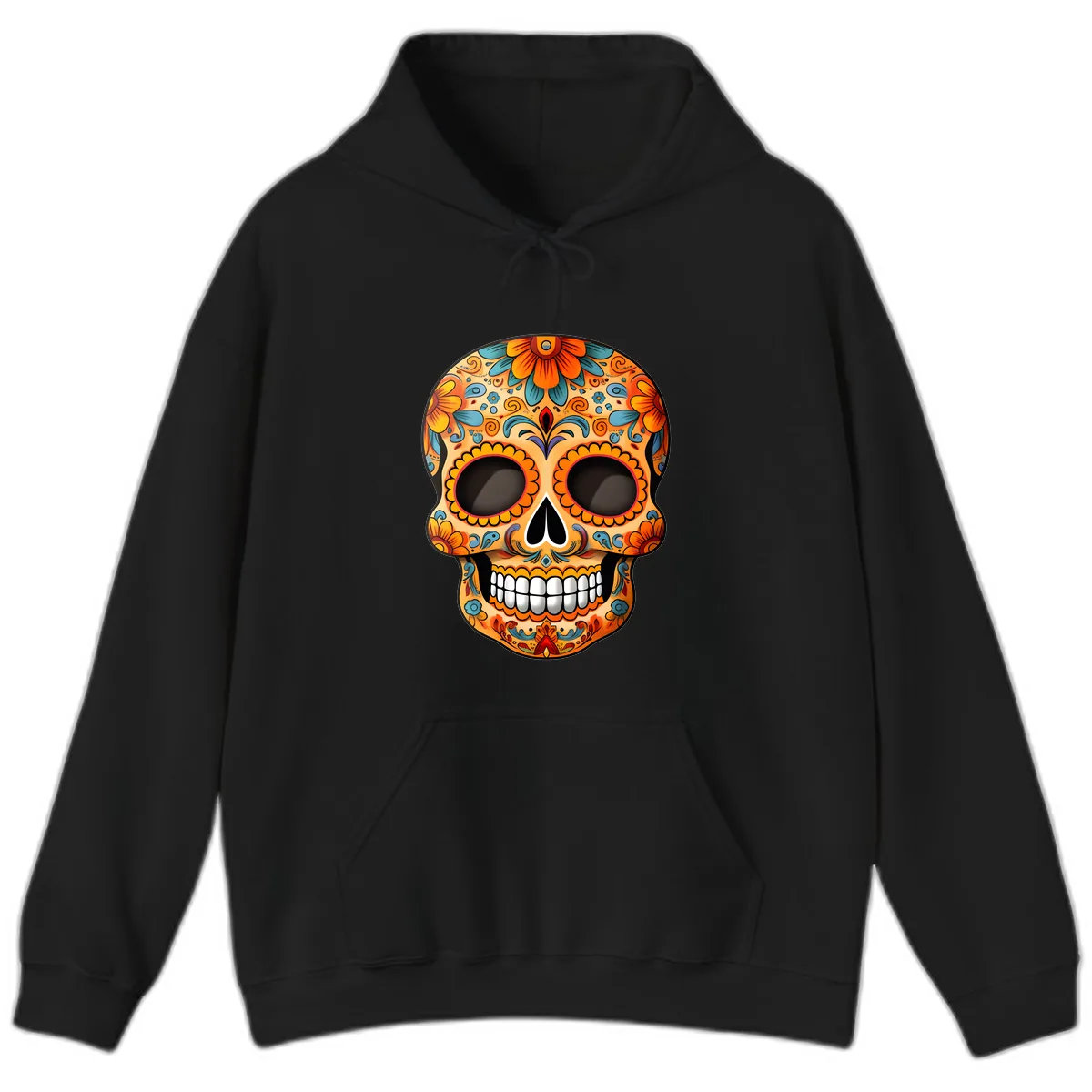 Vibrant Floral Calavera Sugar Skull Design Hoodie in Black