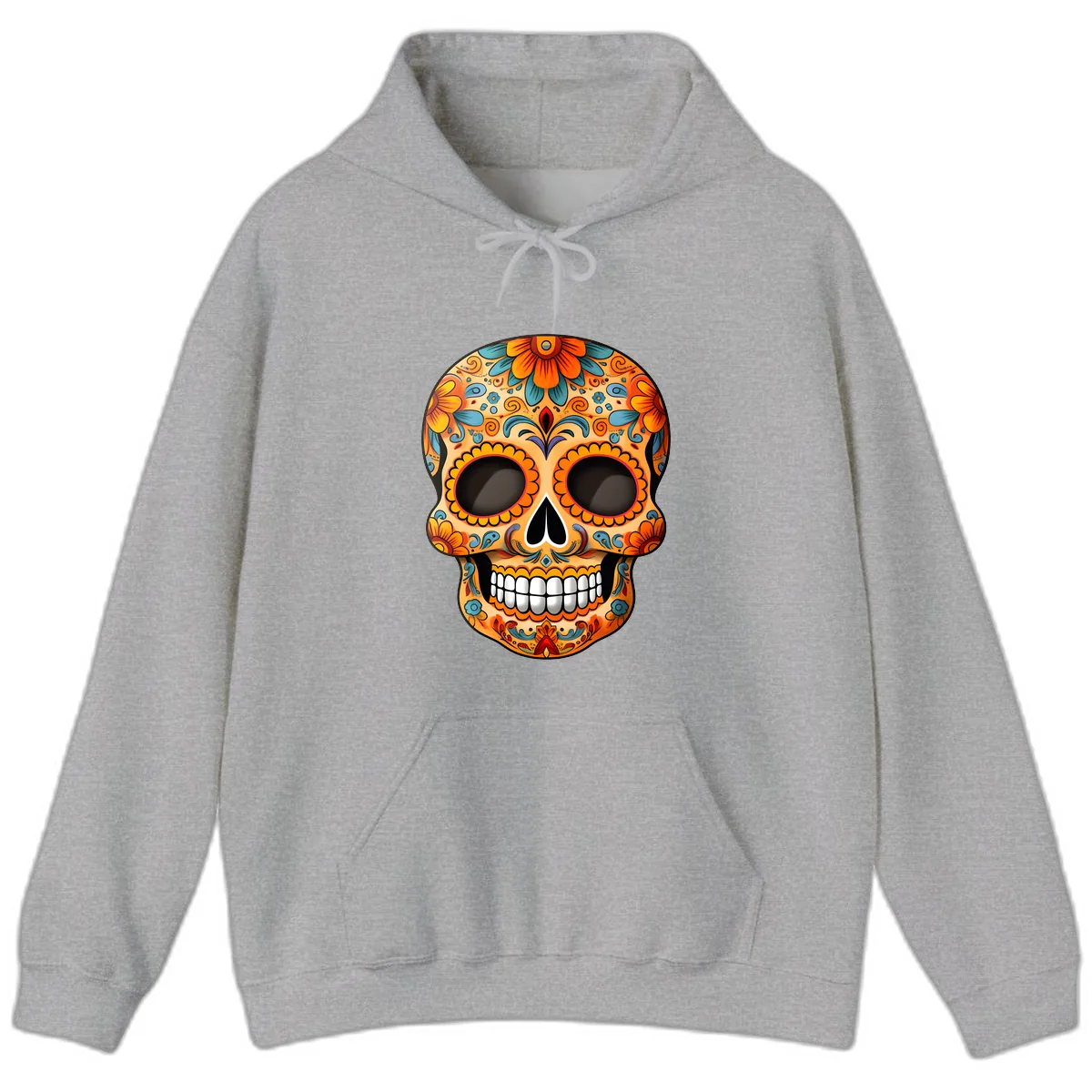 Vibrant Floral Calavera Sugar Skull Design Hoodie in Sport Grey
