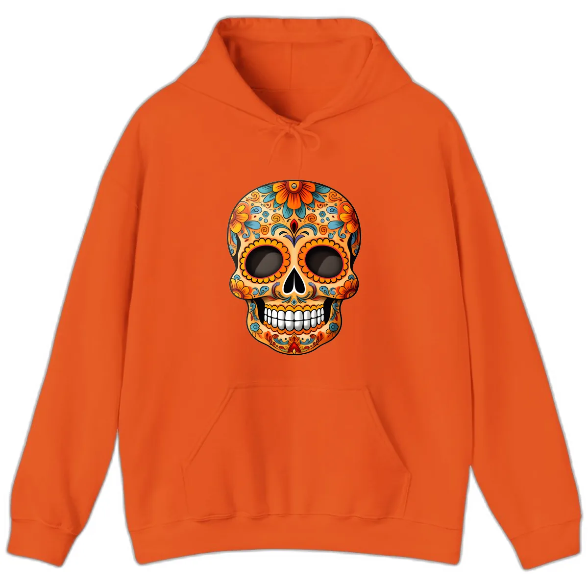 Vibrant Floral Calavera Sugar Skull Design Hoodie in Orange