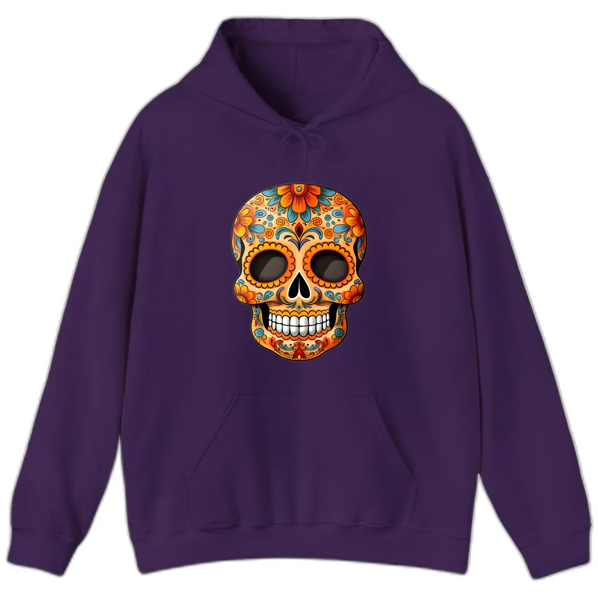 Vibrant Floral Calavera Sugar Skull Design Hoodie in Purple