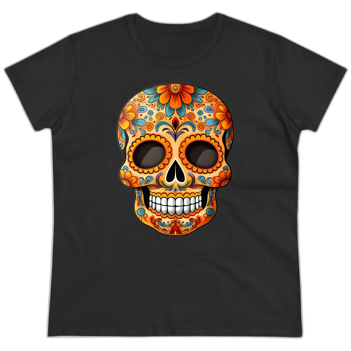 Vibrant Floral Calavera Sugar Skull Design Ladies Tee in Black