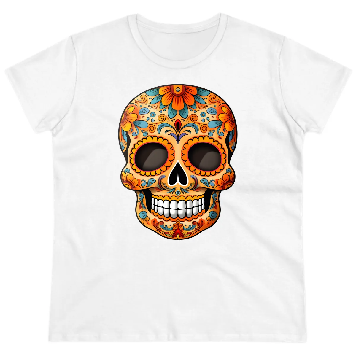 Vibrant Floral Calavera Sugar Skull Design Ladies Tee in White