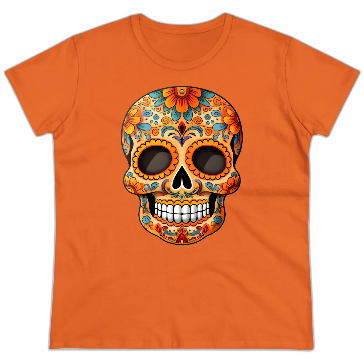 Vibrant Floral Calavera Sugar Skull Design Ladies Tee in Orange