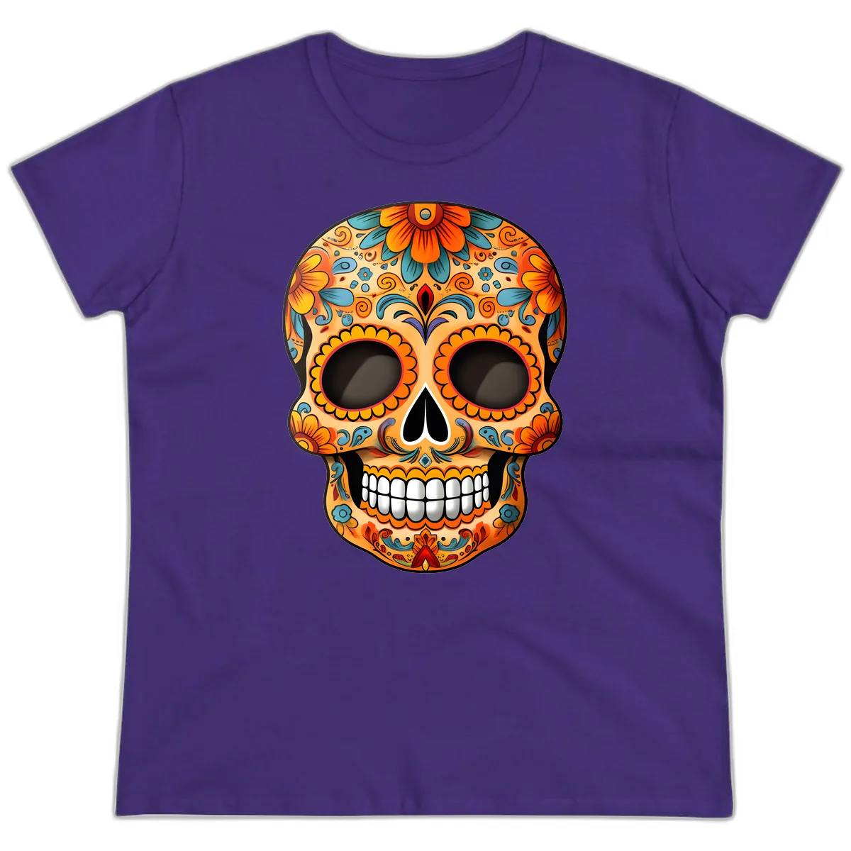 Vibrant Floral Calavera Sugar Skull Design Ladies Tee in Purple