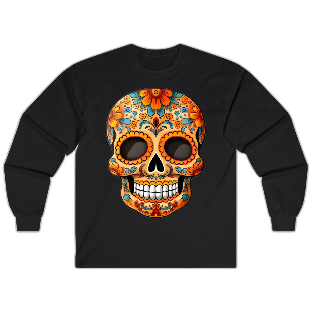 Vibrant Floral Calavera Sugar Skull Design Long Sleeve in Black