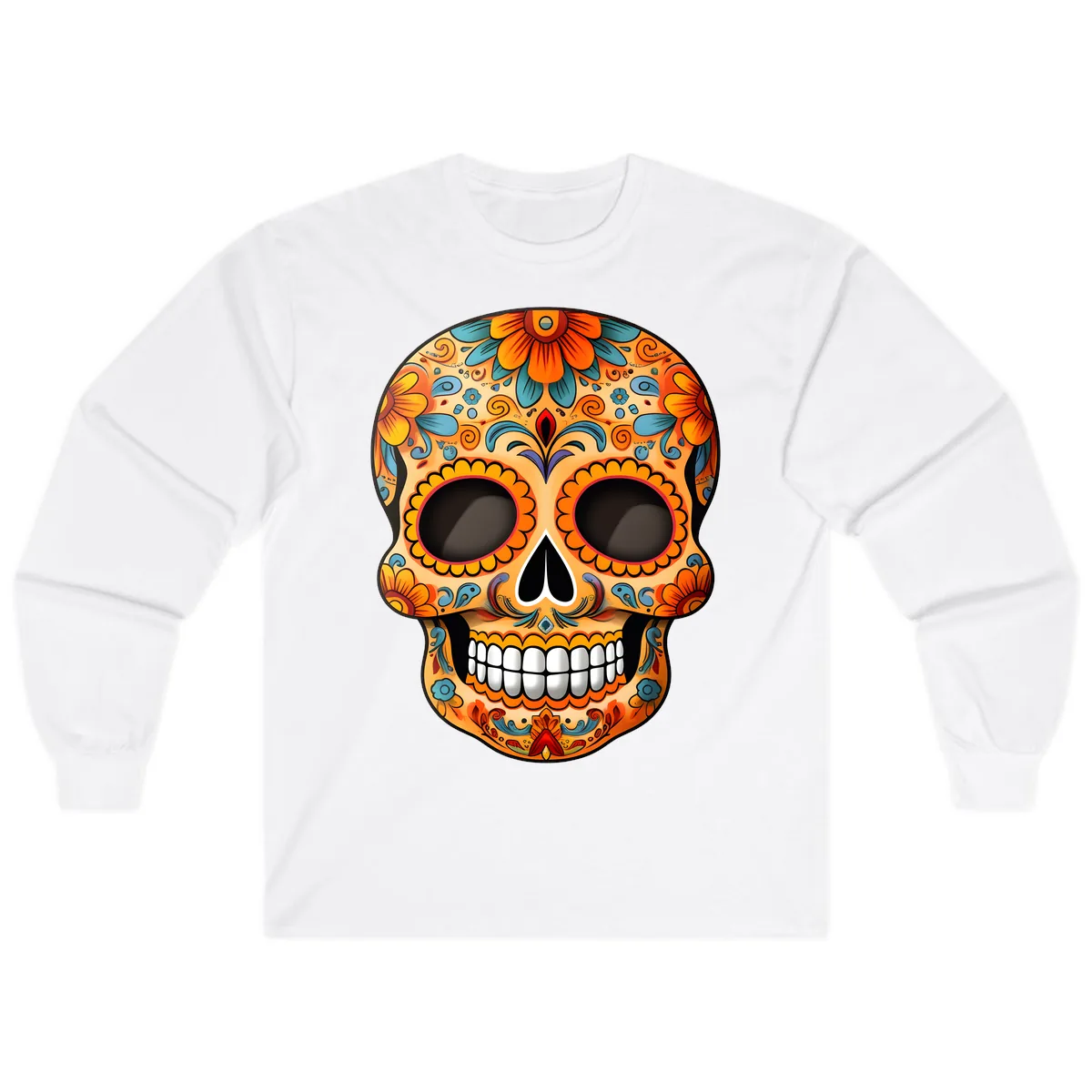 Vibrant Floral Calavera Sugar Skull Design Long Sleeve in White