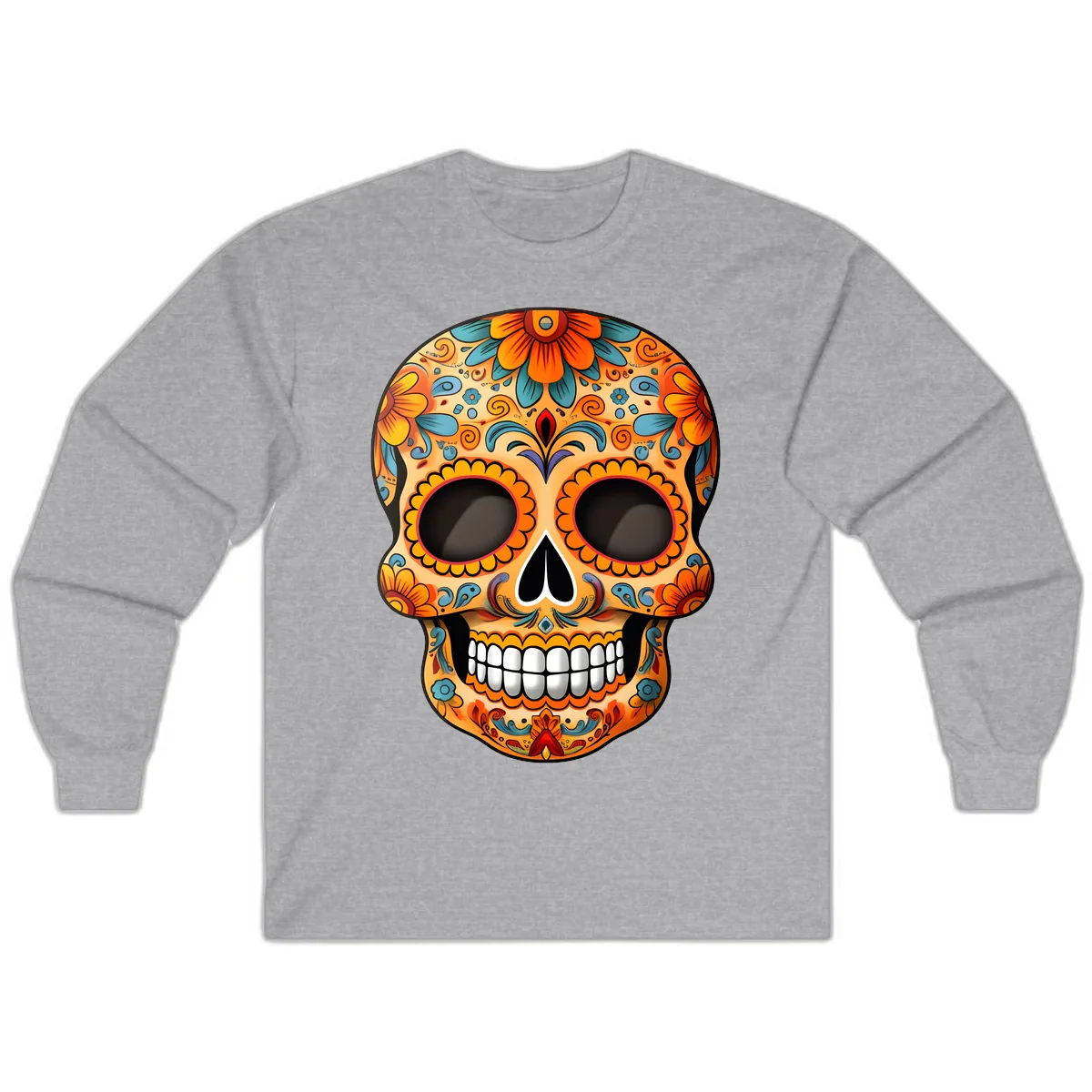 Vibrant Floral Calavera Sugar Skull Design Long Sleeve in Sport Grey