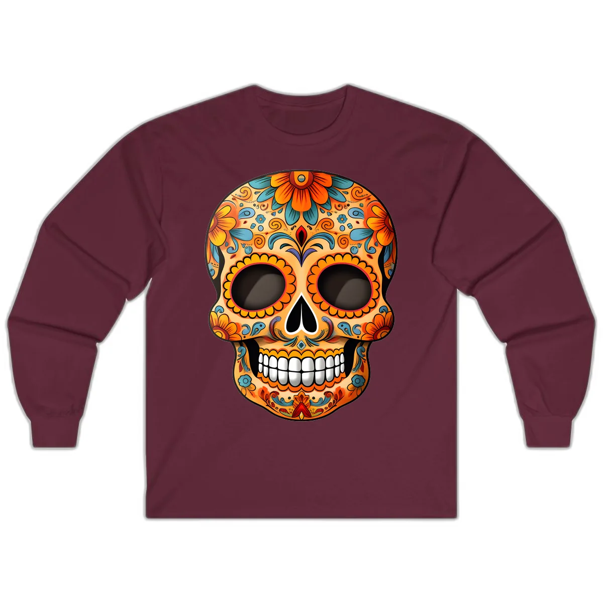 Vibrant Floral Calavera Sugar Skull Design Long Sleeve in Maroon