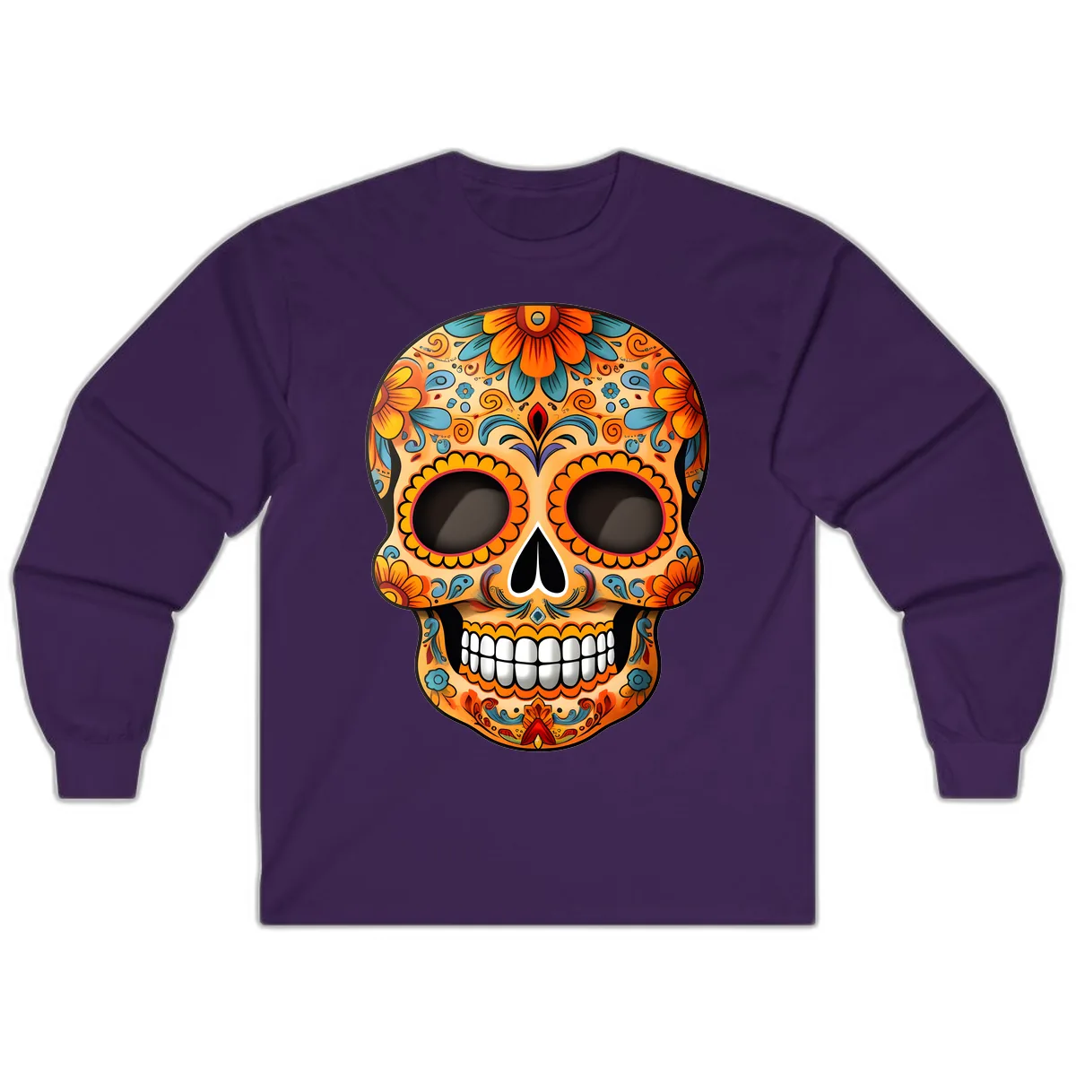 Vibrant Floral Calavera Sugar Skull Design Long Sleeve in Purple