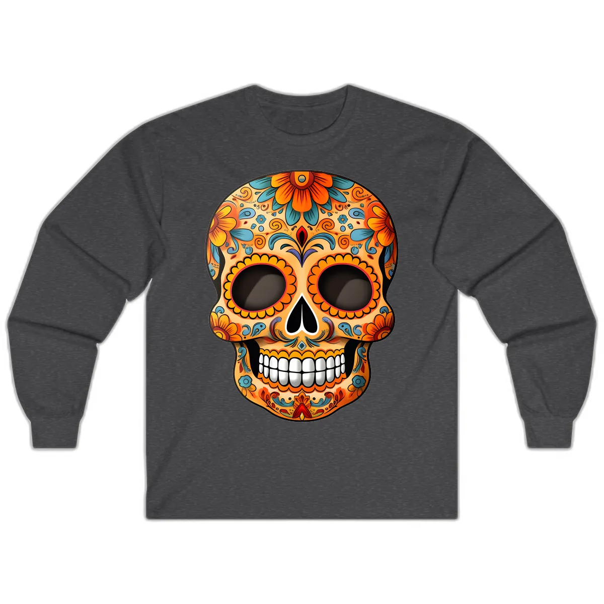 Vibrant Floral Calavera Sugar Skull Design Long Sleeve in Dark Heather