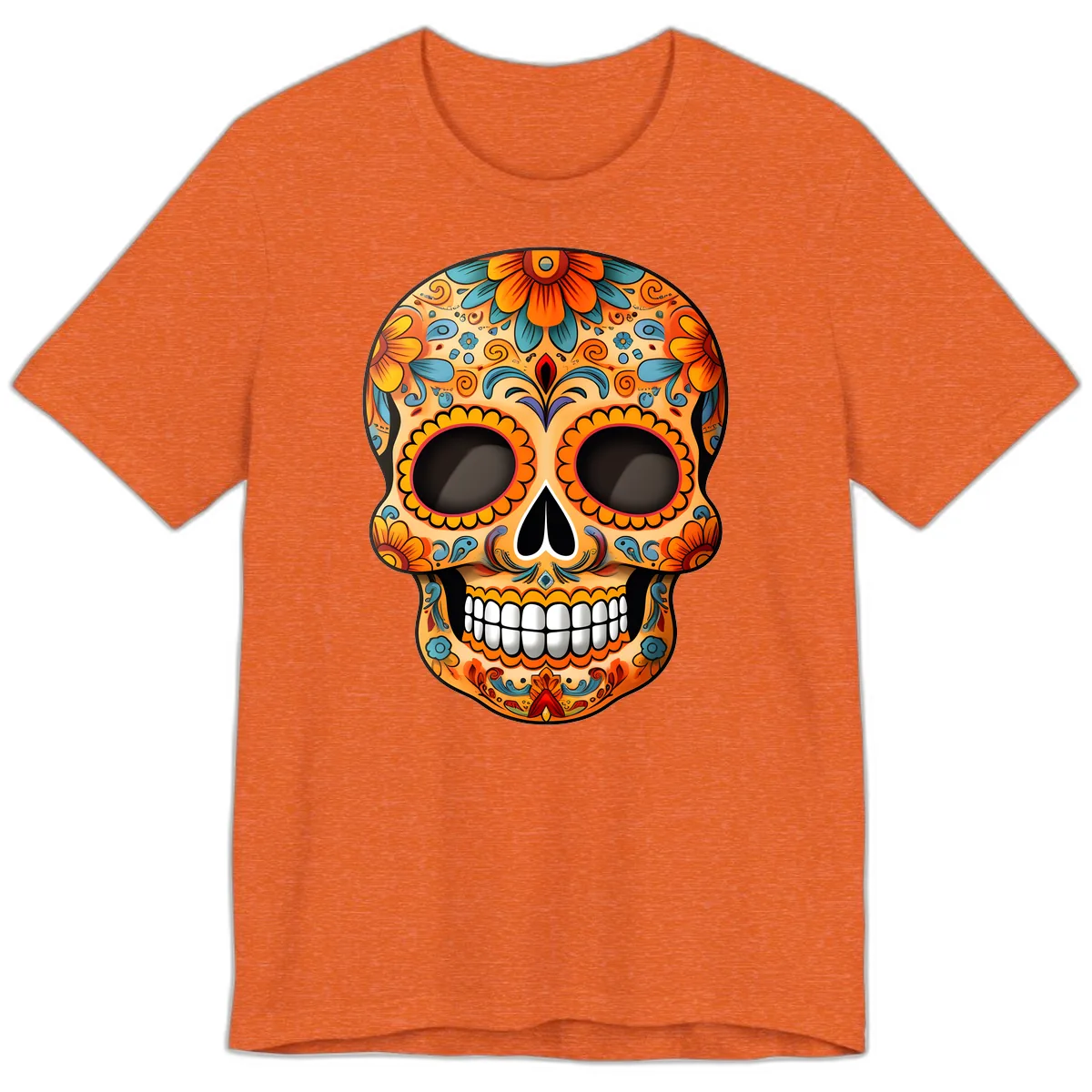 Vibrant Floral Calavera Sugar Skull Design Premium T-Shirt in Heather Orange
