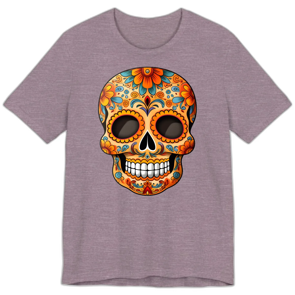 Vibrant Floral Calavera Sugar Skull Design Premium T-Shirt in Heather Purple