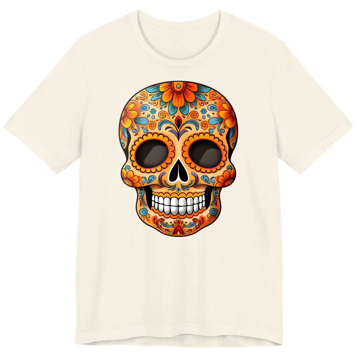 Vibrant Floral Calavera Sugar Skull Design Premium T-Shirt in Natural