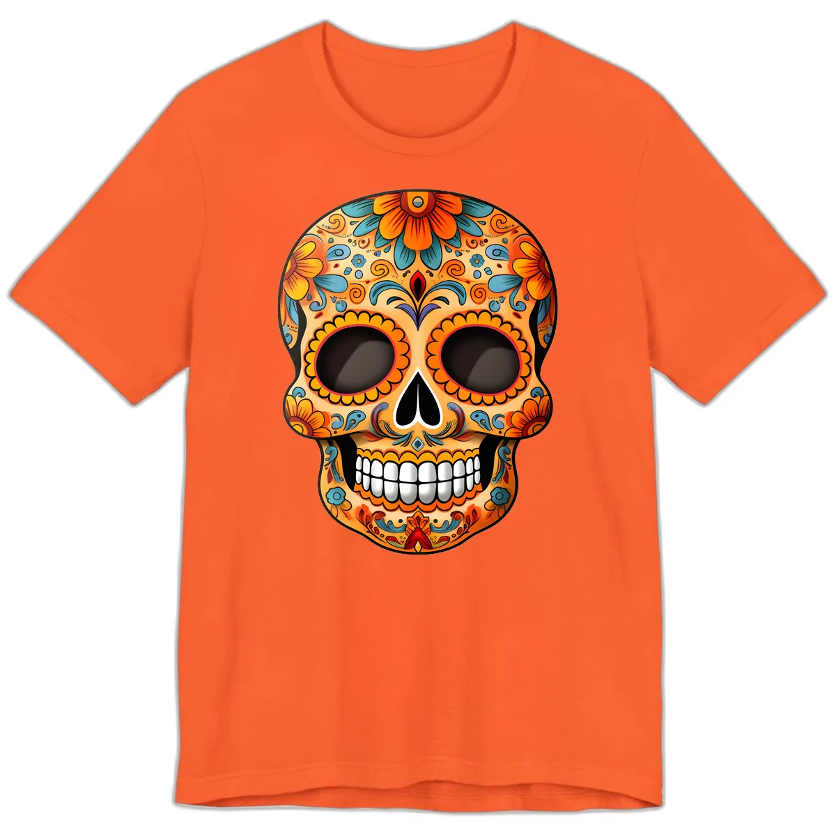 Vibrant Floral Calavera Sugar Skull Design Premium T-Shirt in Orange