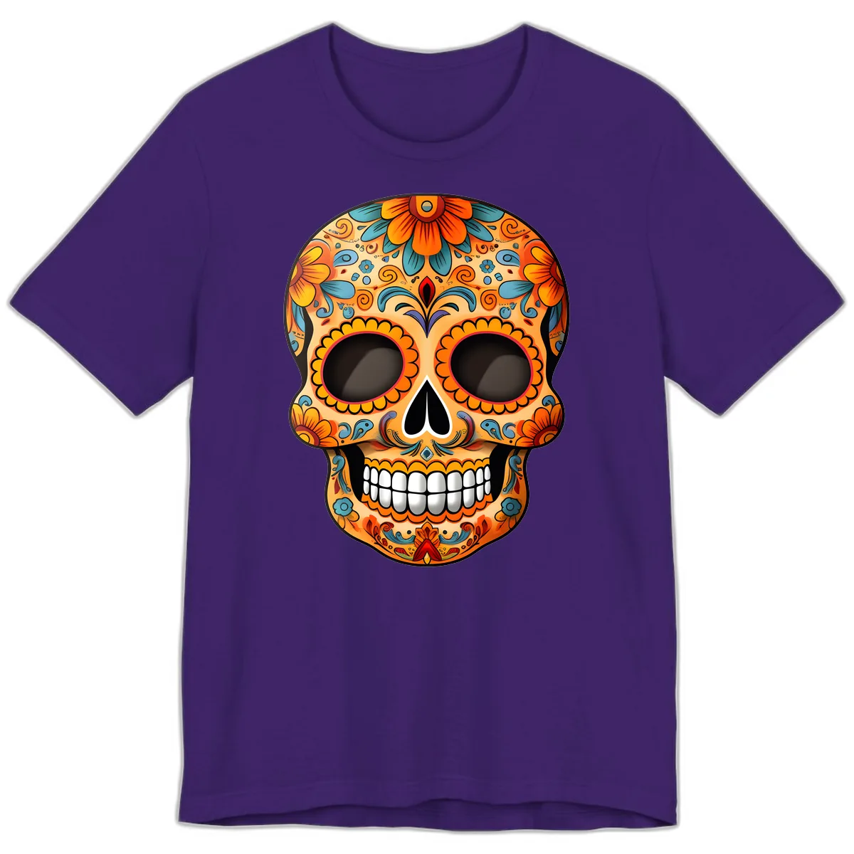 Vibrant Floral Calavera Sugar Skull Design Premium T-Shirt in Team Purple