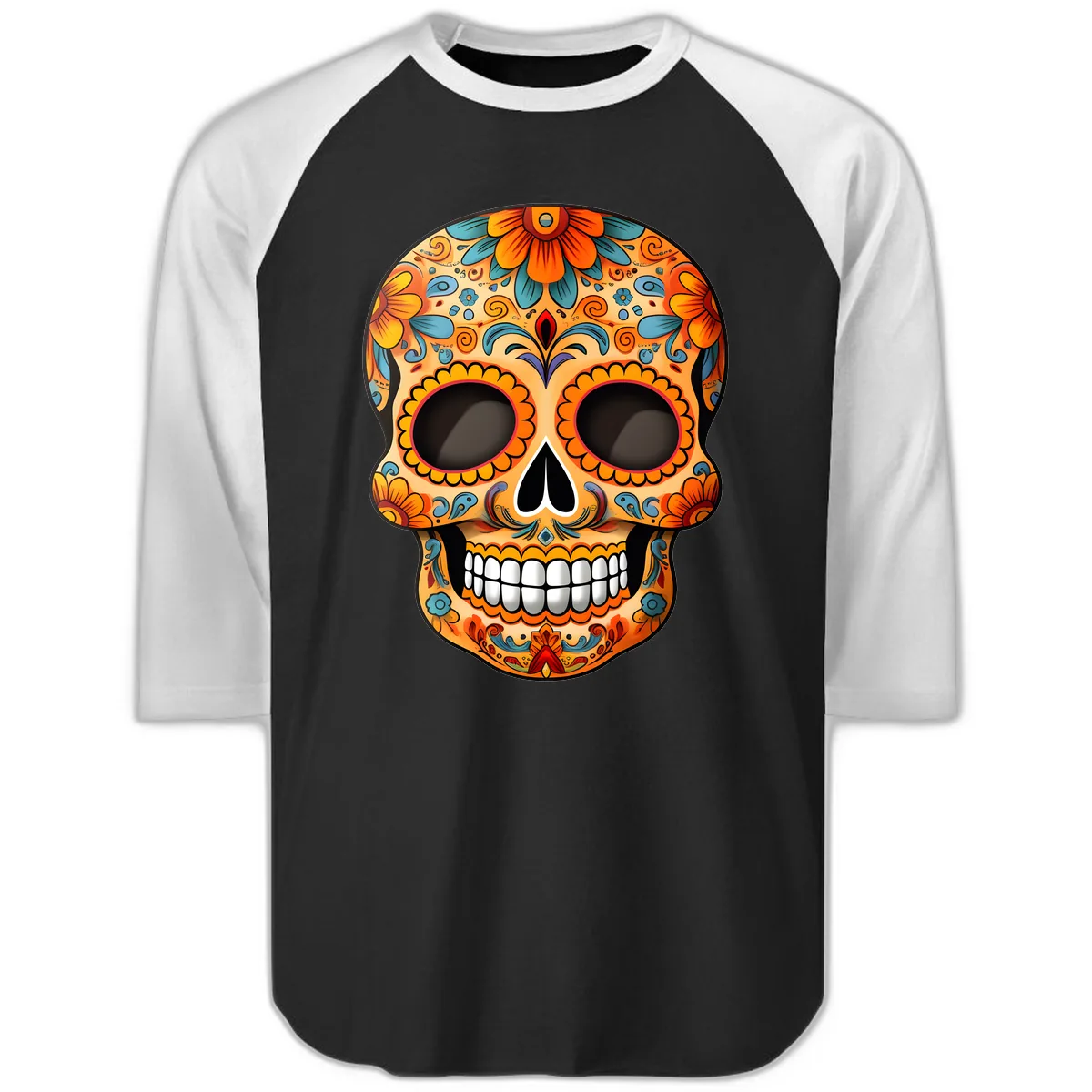 Vibrant Floral Calavera Sugar Skull Design Raglan 3/4 in Black White