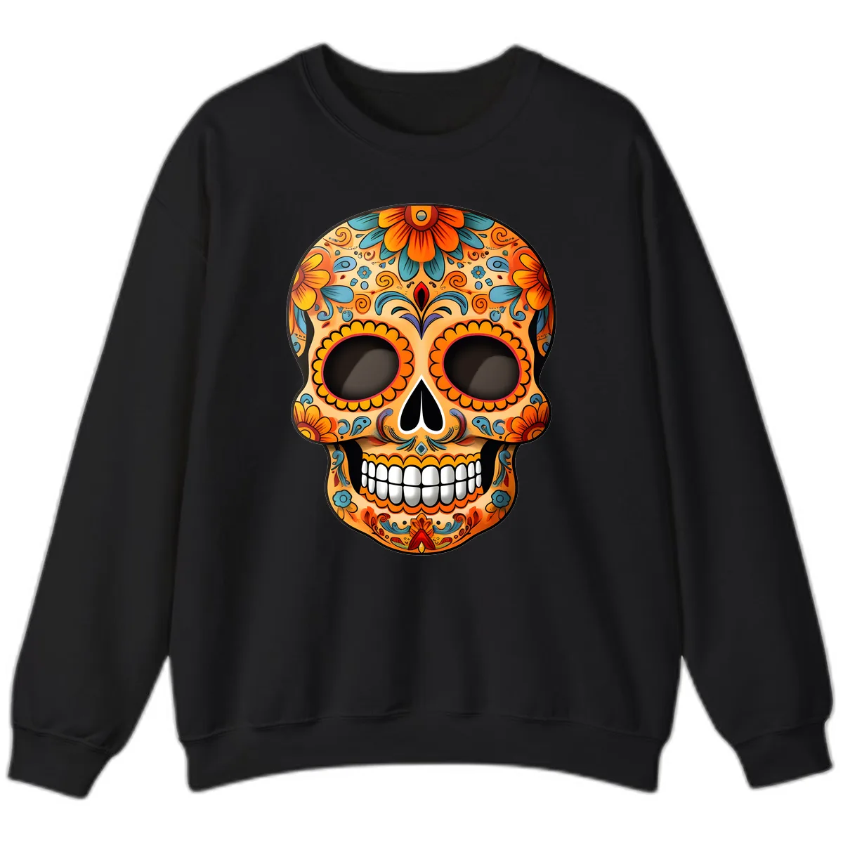 Vibrant Floral Calavera Sugar Skull Design Sweatshirt in Black