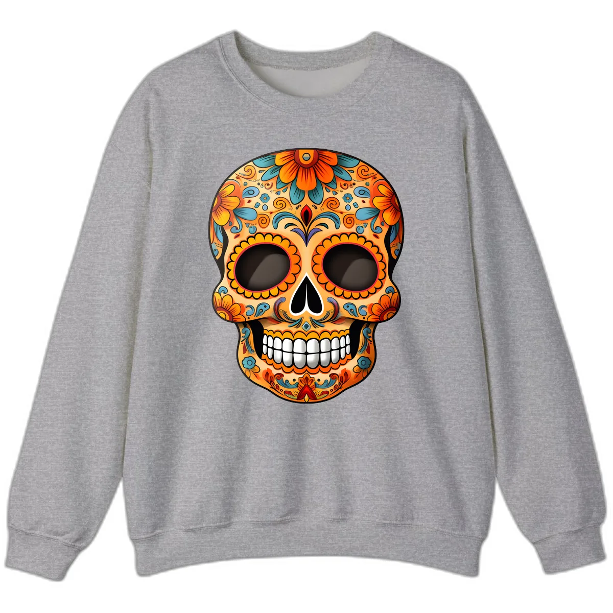 Vibrant Floral Calavera Sugar Skull Design Sweatshirt in Sport Grey
