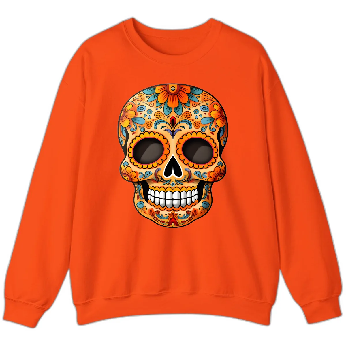 Vibrant Floral Calavera Sugar Skull Design Sweatshirt in Orange
