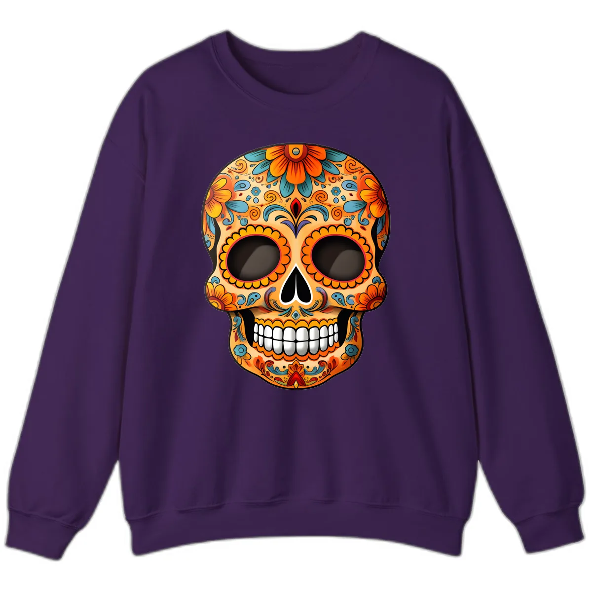 Vibrant Floral Calavera Sugar Skull Design Sweatshirt in Purple