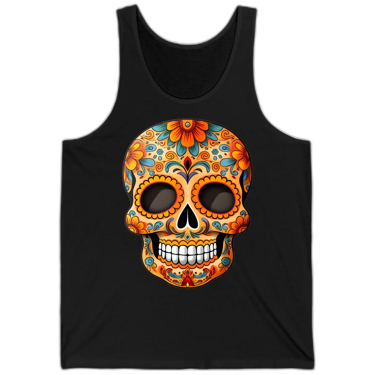 Vibrant Floral Calavera Sugar Skull Design Tank in Black