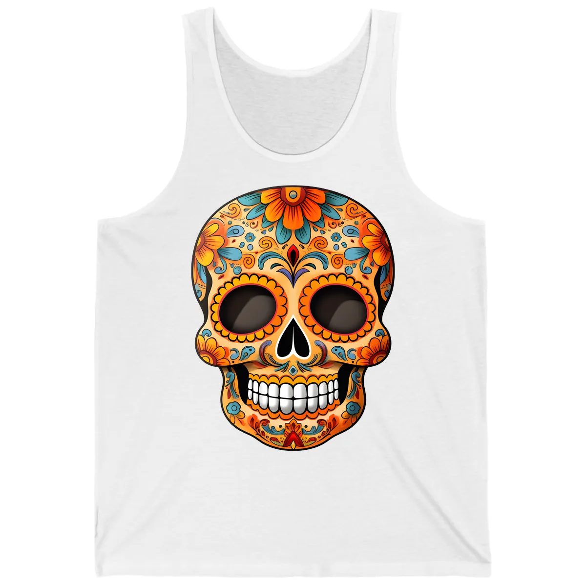 Vibrant Floral Calavera Sugar Skull Design Tank in White