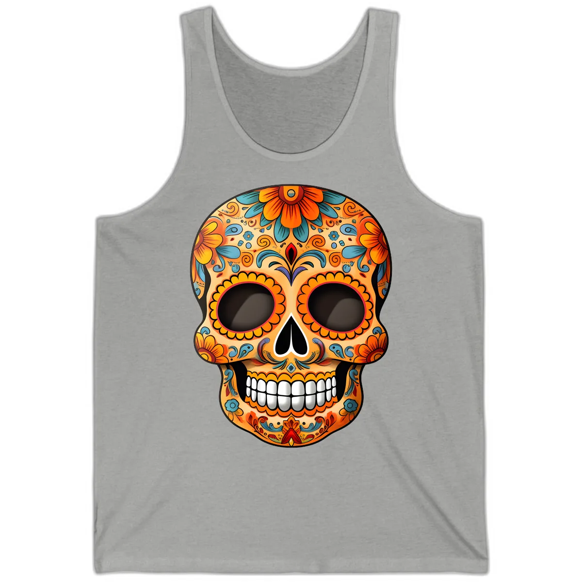 Vibrant Floral Calavera Sugar Skull Design Tank in Athletic Heather