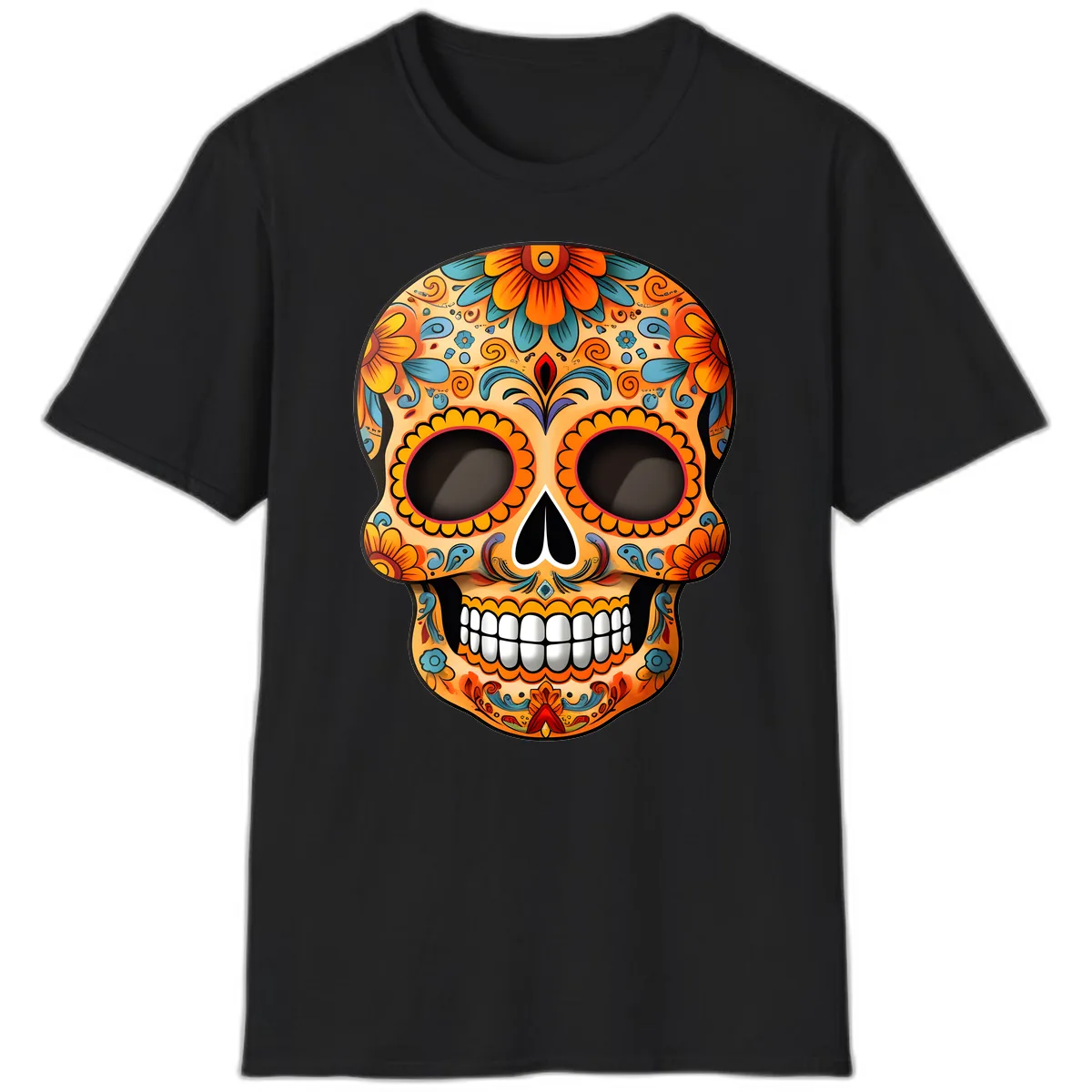 Vibrant Floral Calavera Sugar Skull Design T-Shirt in Black