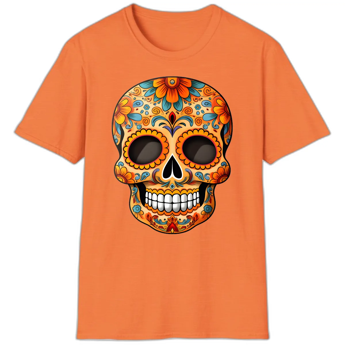 Vibrant Floral Calavera Sugar Skull Design T-Shirt in Heather Orange
