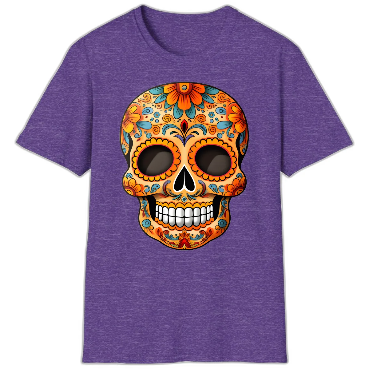 Vibrant Floral Calavera Sugar Skull Design T-Shirt in Heather Purple