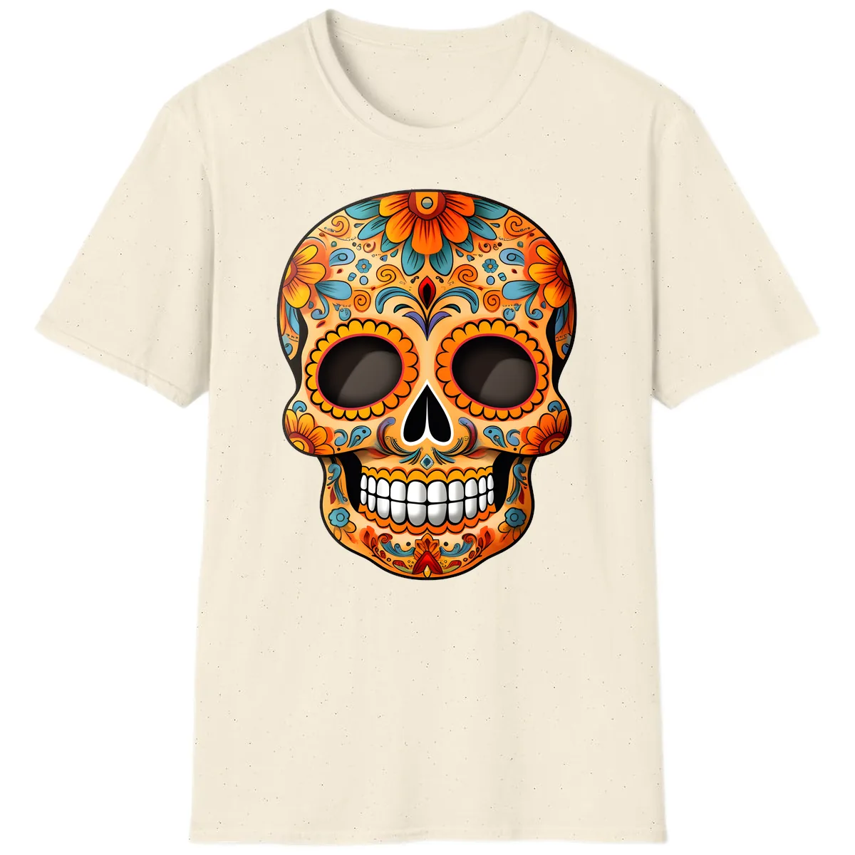 Vibrant Floral Calavera Sugar Skull Design T-Shirt in Natural