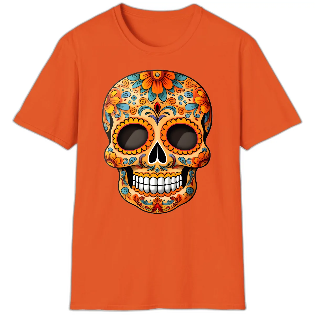 Vibrant Floral Calavera Sugar Skull Design T-Shirt in Orange