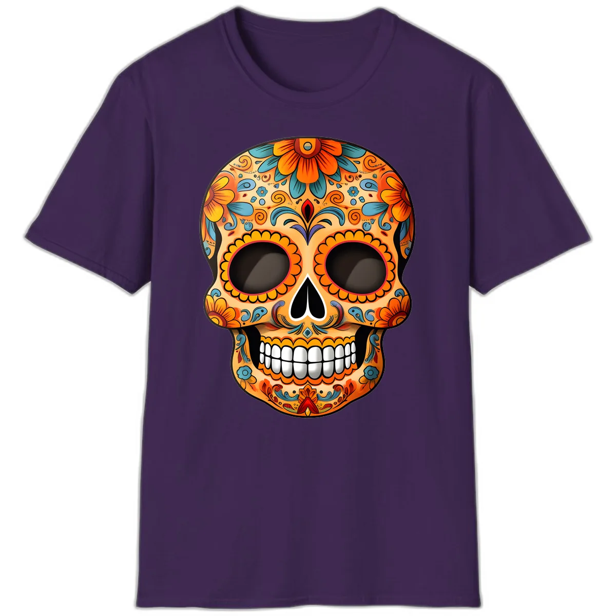 Vibrant Floral Calavera Sugar Skull Design T-Shirt in Purple
