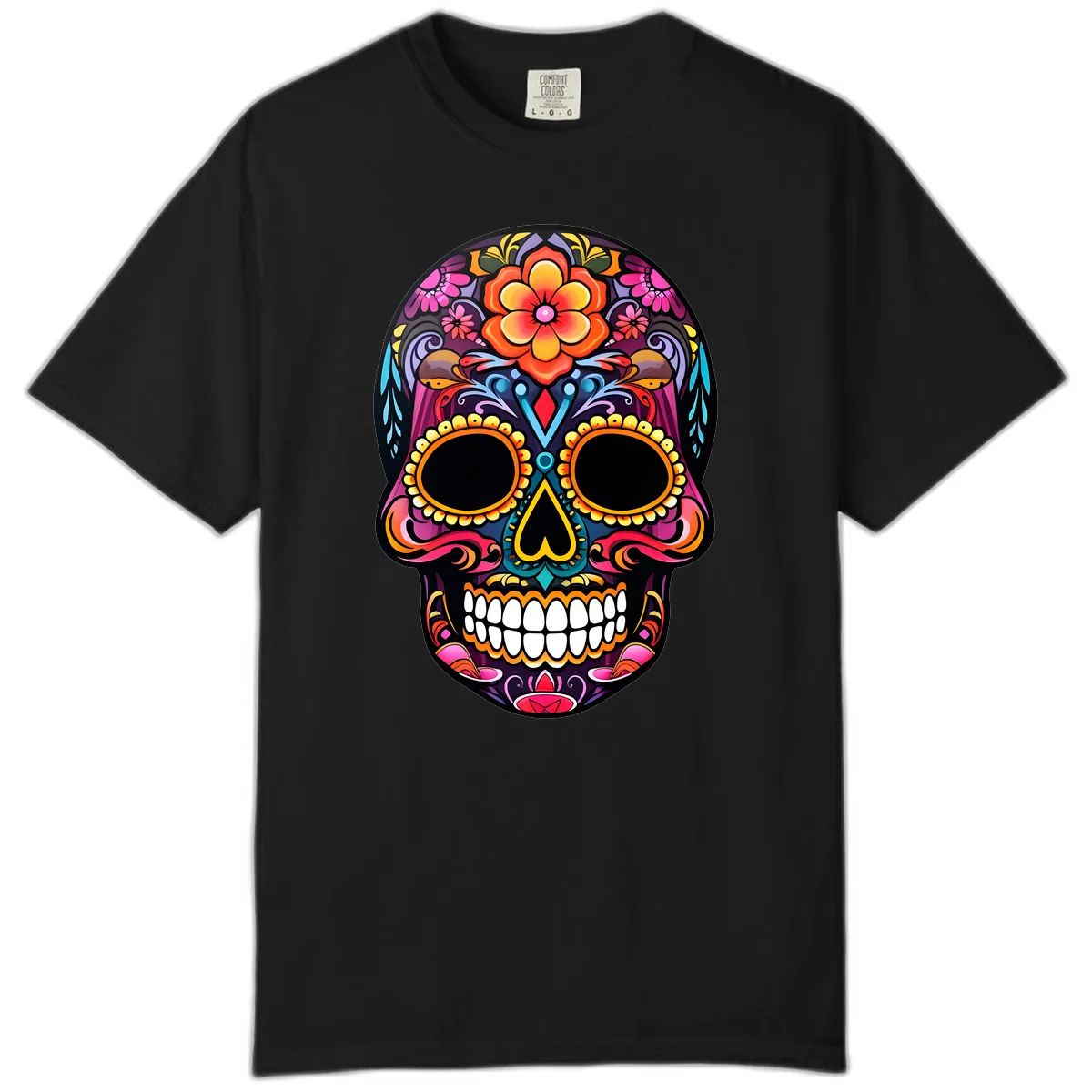 Vibrant Floral Calavera Day of the Dead Skull Comfort Color in Black