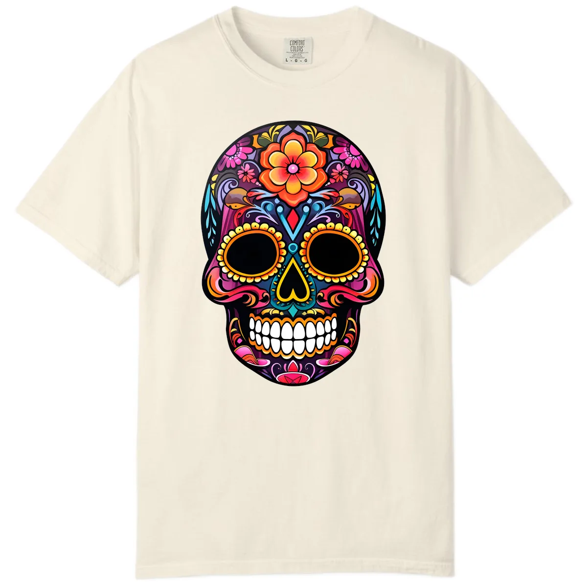 Vibrant Floral Calavera Day of the Dead Skull Comfort Color in Ivory