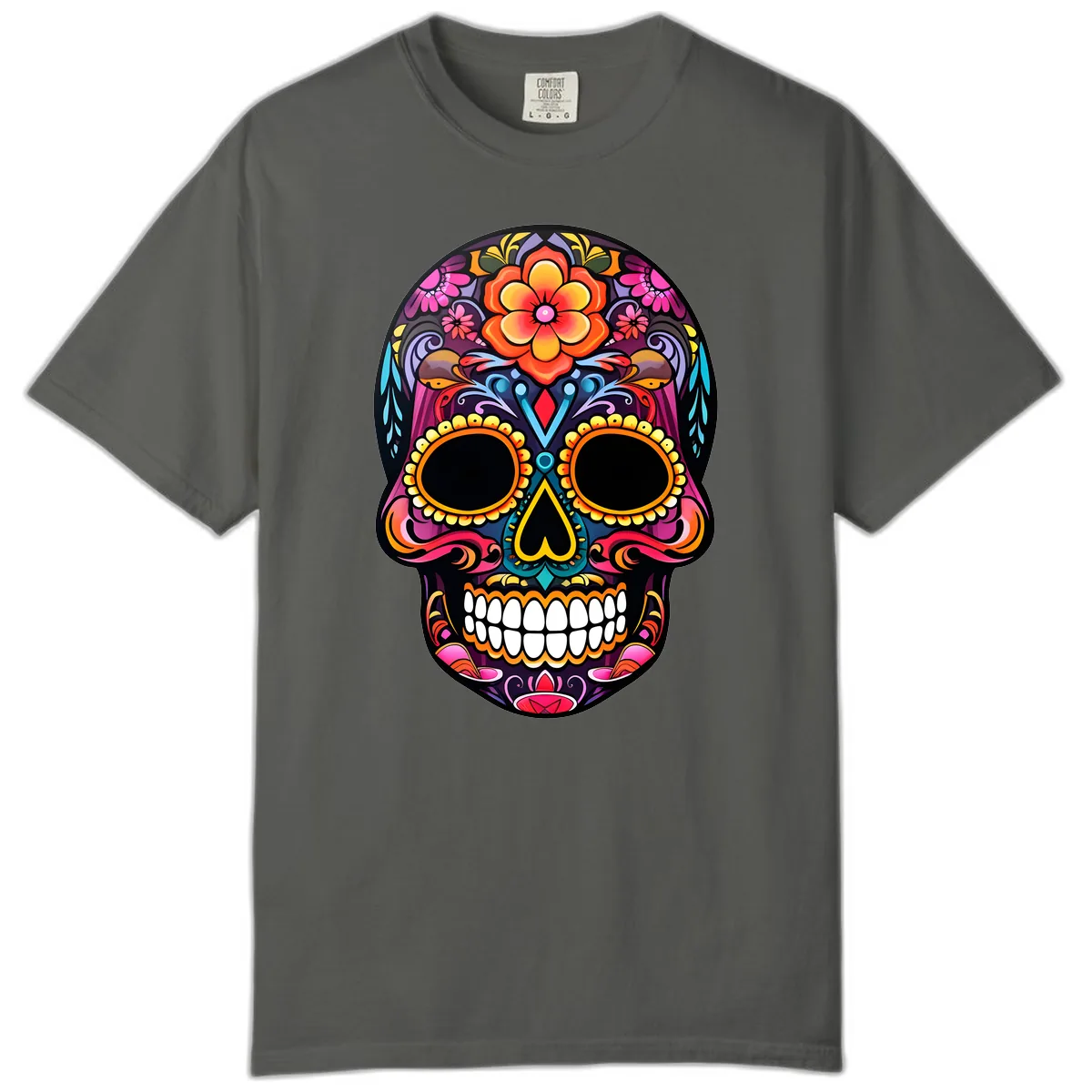 Vibrant Floral Calavera Day of the Dead Skull Comfort Color in Pepper