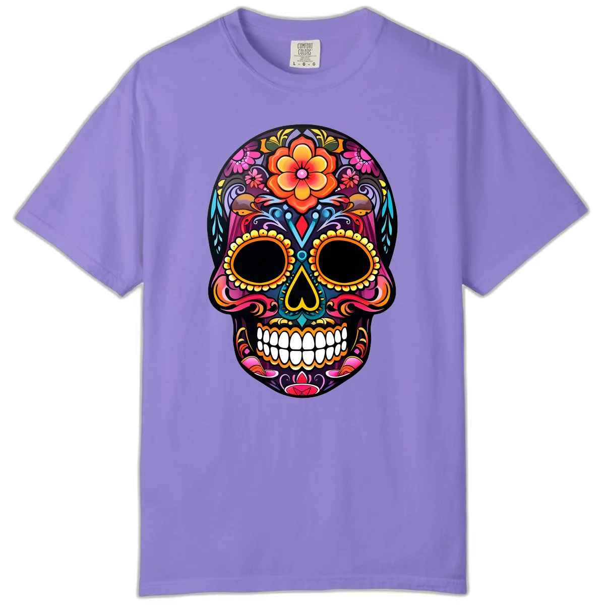 Vibrant Floral Calavera Day of the Dead Skull Comfort Color in Violet