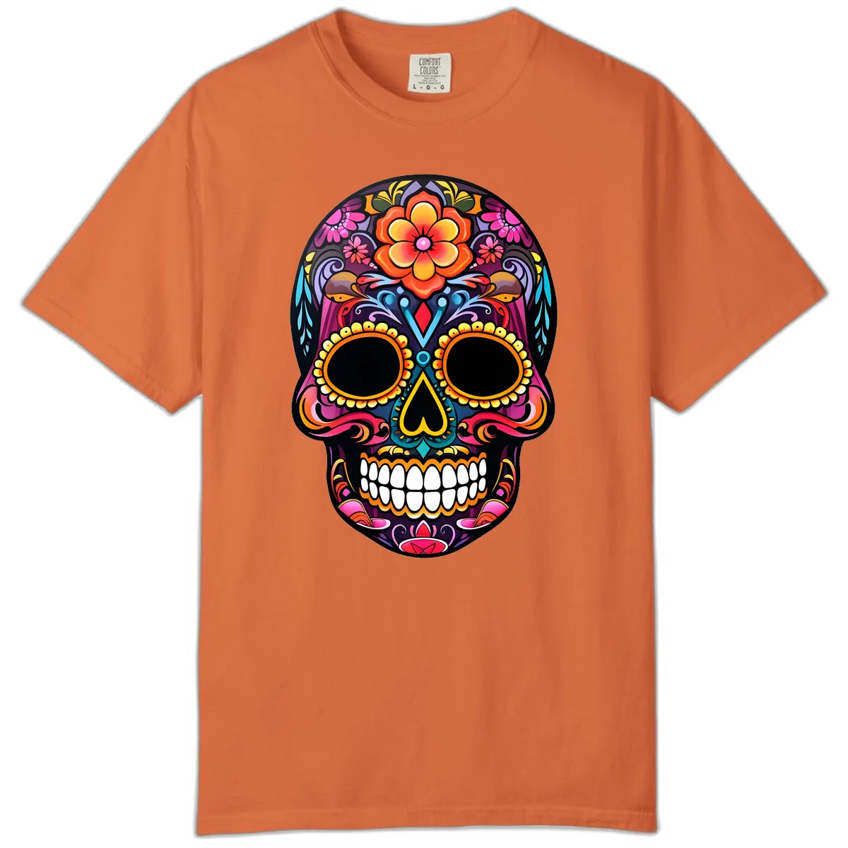 Vibrant Floral Calavera Day of the Dead Skull Comfort Color in Burnt Orange