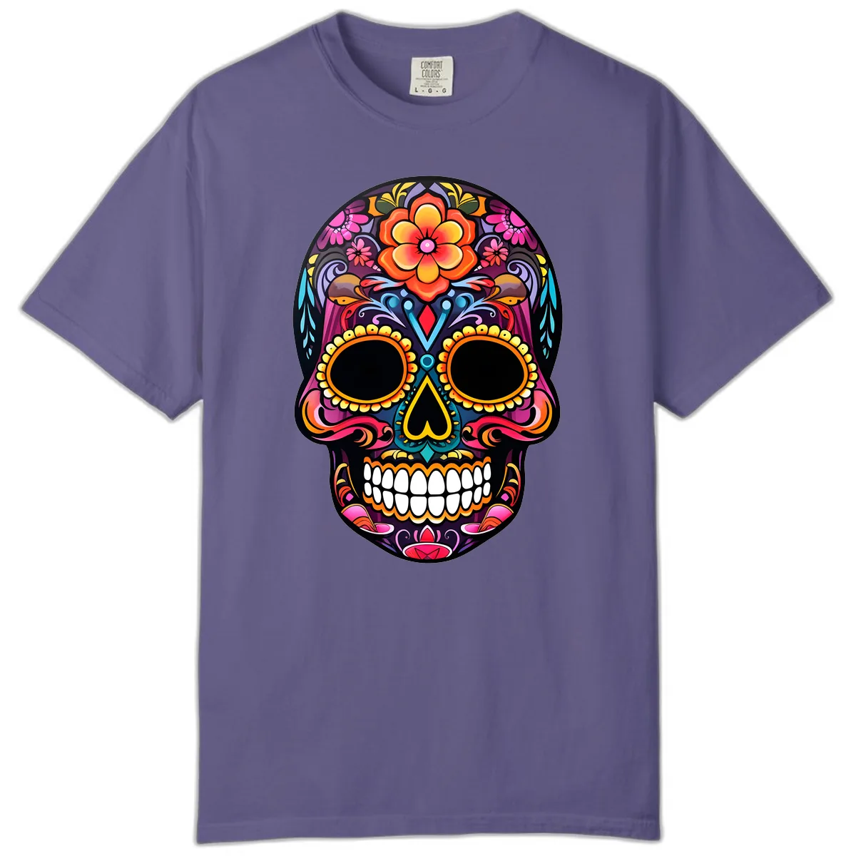 Vibrant Floral Calavera Day of the Dead Skull Comfort Color in Grape