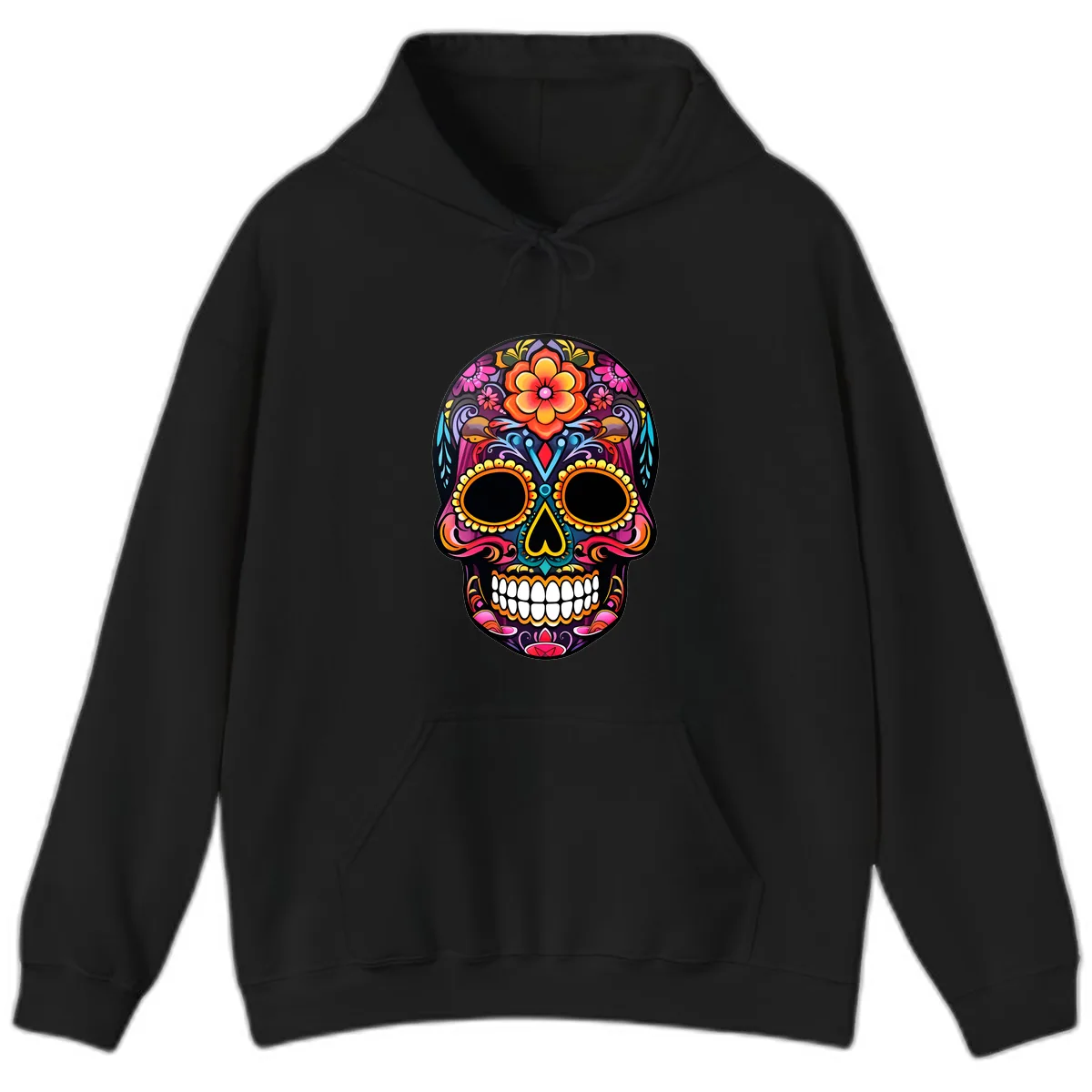 Vibrant Floral Calavera Day of the Dead Skull Hoodie in Black
