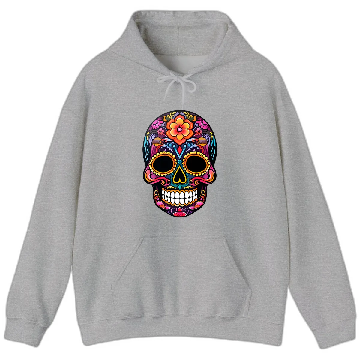 Vibrant Floral Calavera Day of the Dead Skull Hoodie in Sport Grey
