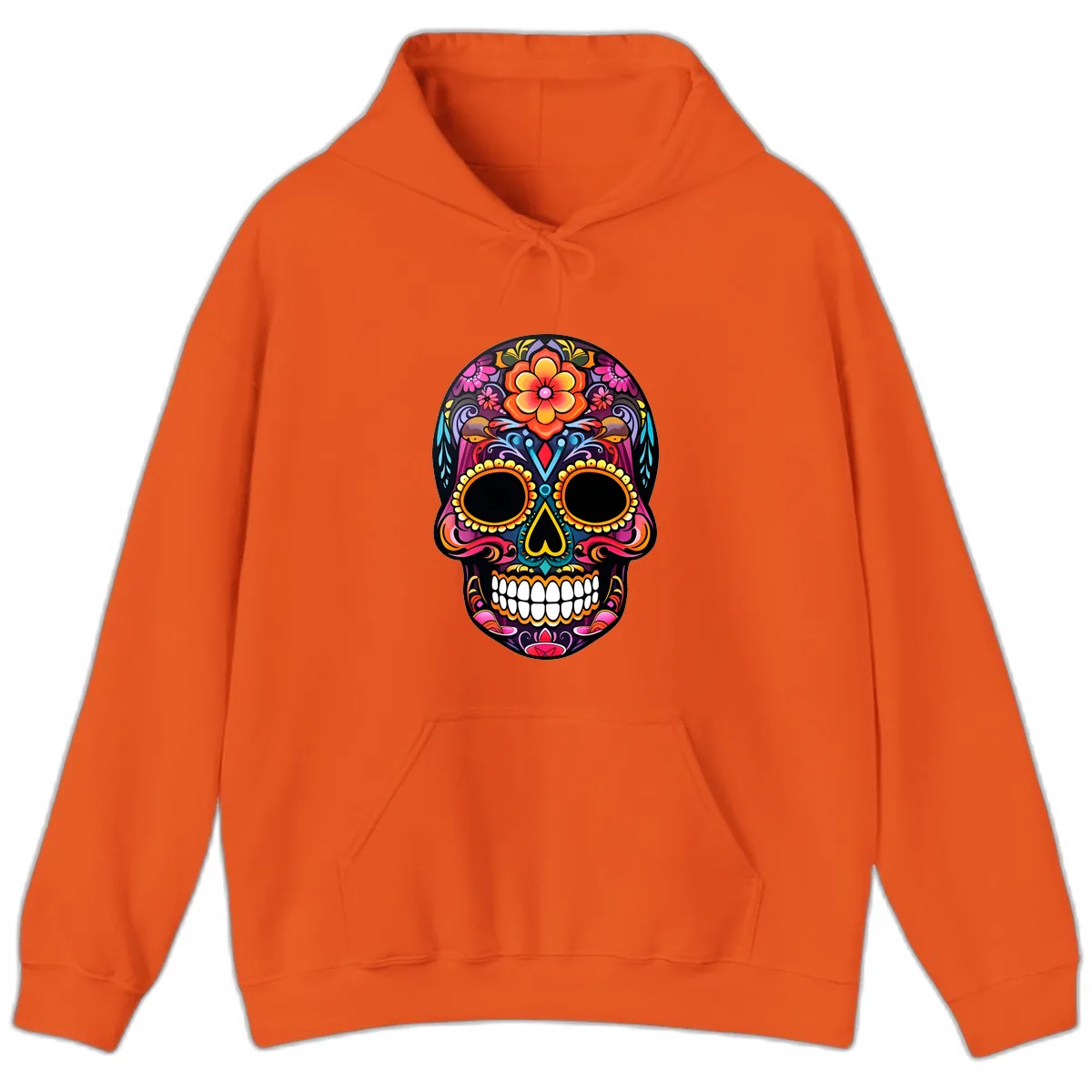 Vibrant Floral Calavera Day of the Dead Skull Hoodie in Orange
