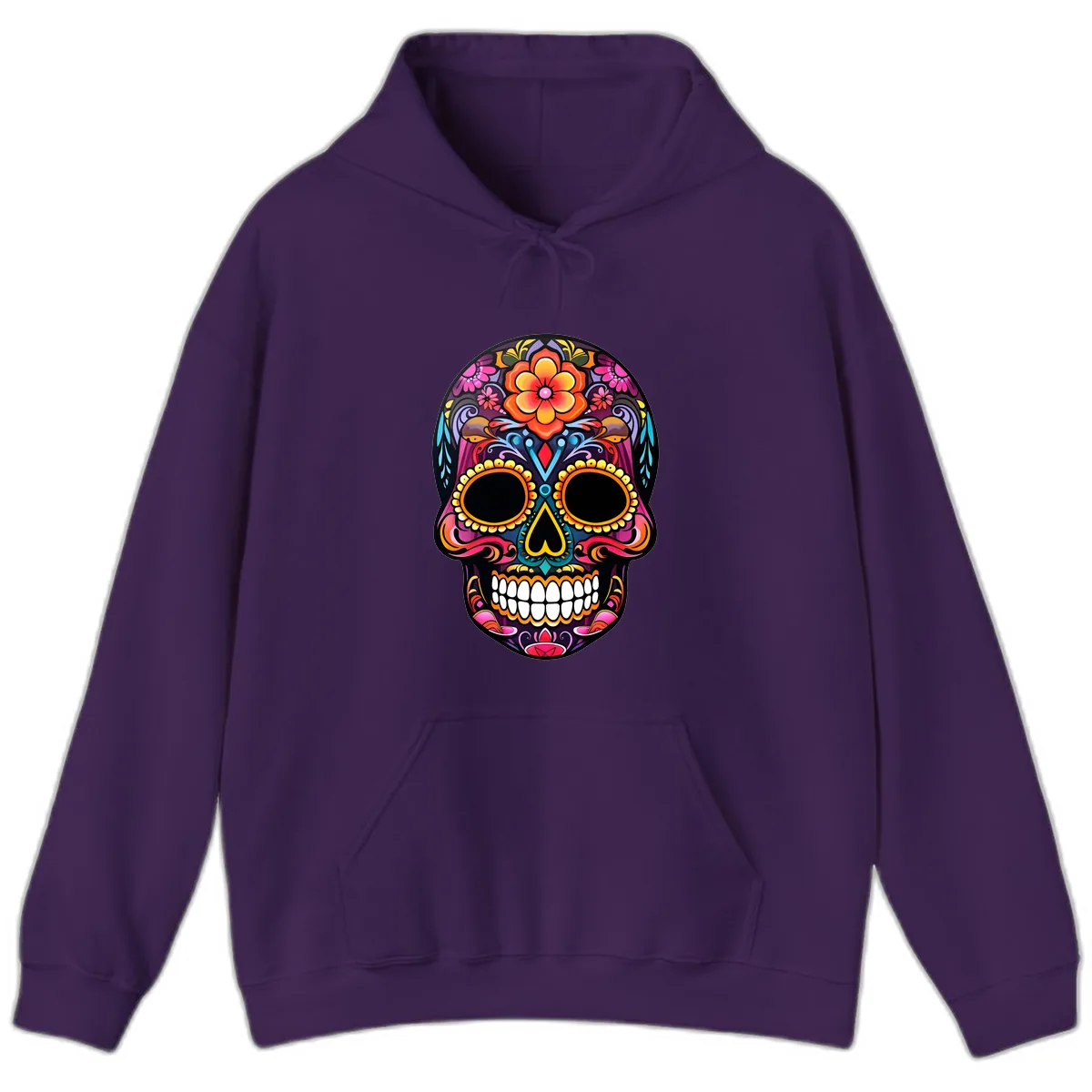 Vibrant Floral Calavera Day of the Dead Skull Hoodie in Purple